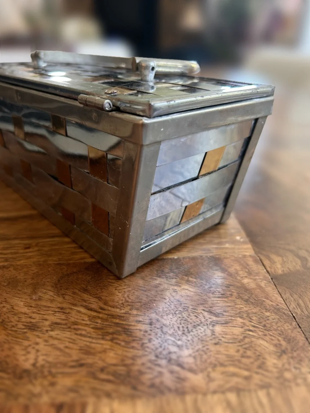 Vintage Mid Century Gold and Silver Minaudière Purse With Woven Geometric Design